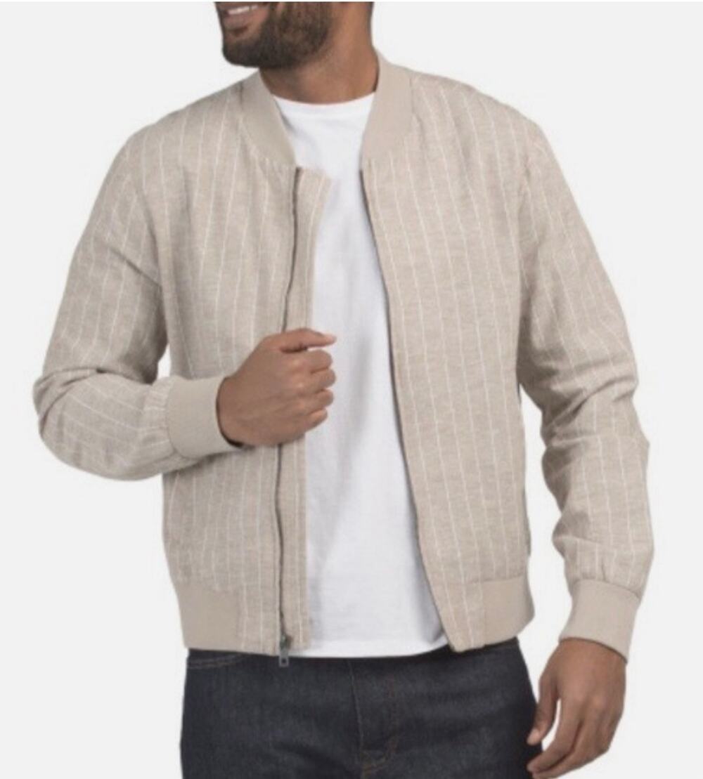 7 FOR ALL MANKIND Linen Blend Pinstripe Bomber Jacket Men's XL Beige Preppy